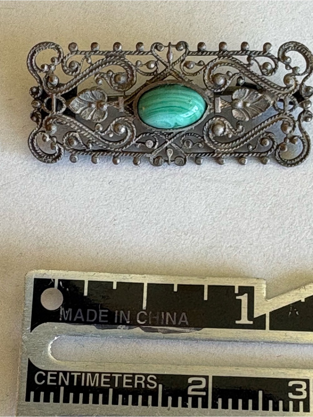 Vintage Filigree Brooch with Green Cabochon